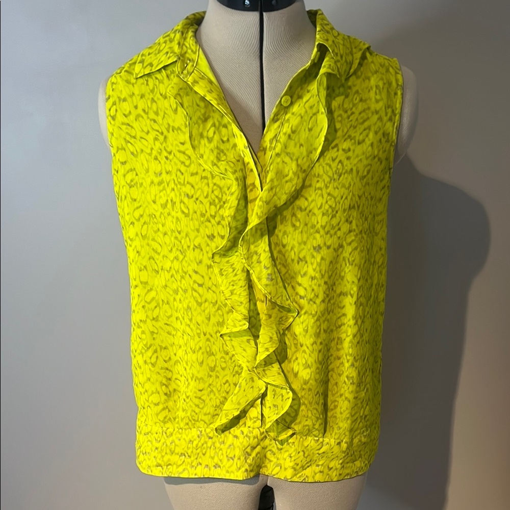CAbi Yellow Ruffled Sleeveless Blouse with Notched Collar